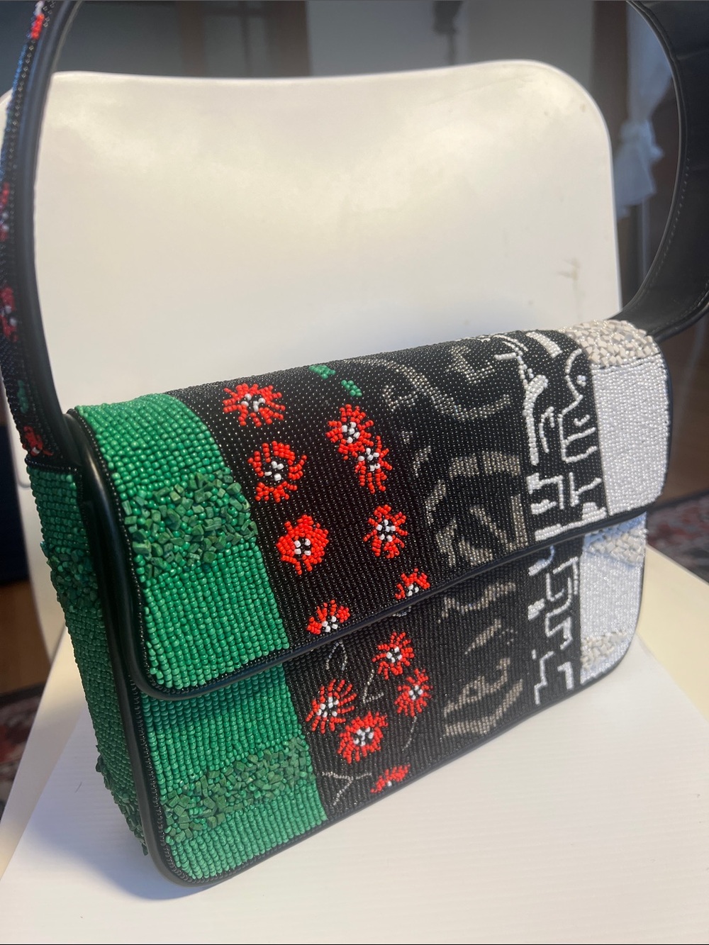 Beaded Colorblock Shoulder Bag - Green, Black, Red, Silver